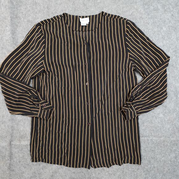 Neiman Marcus Tops - Neiman Marcus Top Womens 10 Silk Blouse Button Front Striped Collarless Long Slv